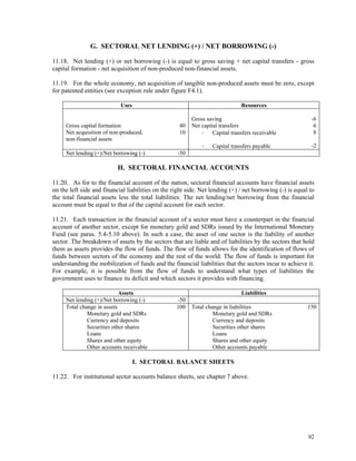 92
G. SECTORAL NET LENDING (+) / NET BORROWING (-)
11.18. Net lending (+) or net borrowing (-) is equal to gross saving + net capital transfers - gross
capital formation - net acquisition of non-produced non-financial assets.
11.19. For the whole economy, net acquisition of tangible non-produced assets must be zero, except
for patented entities (see exception rule under figure F4.1).
Uses Resources
Gross saving -6
Gross capital formation 40 Net capital transfers 6
Net acquisition of non-produced,
non-financial assets
10 Capital transfers receivable 8
Capital transfers payable -2
Net lending (+)/Net borrowing (-) -50
H. SECTORAL FINANCIAL ACCOUNTS
11.20. As for to the financial account of the nation, sectoral financial accounts have financial assets
on the left side and financial liabilities on the right side. Net lending (+) / net borrowing (-) is equal to
the total financial assets less the total liabilities. The net lending/net borrowing from the financial
account must be equal to that of the capital account for each sector.
11.21. Each transaction in the financial account of a sector must have a counterpart in the financial
account of another sector, except for monetary gold and SDRs issued by the International Monetary
Fund (see paras. 5.4-5.10 above). In such a case, the asset of one sector is the liability of another
sector. The breakdown of assets by the sectors that are liable and of liabilities by the sectors that hold
them as assets provides the flow of funds. The flow of funds allows for the identification of flows of
funds between sectors of the economy and the rest of the world. The flow of funds is important for
understanding the mobilization of funds and the financial liabilities that the sectors incur to achieve it.
For example, it is possible from the flow of funds to understand what types of liabilities the
government uses to finance its deficit and which sectors it provides with financing.
Assets Liabilities
Net lending (+)/Net borrowing (-) -50
Total change in assets 100 Total change in liabilities 150
Monetary gold and SDRs Monetary gold and SDRs
Currency and deposits Currency and deposits
Securities other shares Securities other shares
Loans Loans
Shares and other equity Shares and other equity
Other accounts receivable Other accounts payable
I. SECTORAL BALANCE SHEETS
11.22. For institutional sector accounts balance sheets, see chapter 7 above.
 