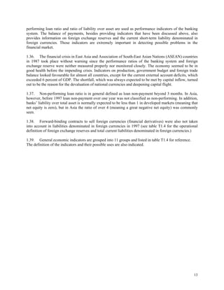 13
performing loan ratio and ratio of liability over asset are used as performance indicators of the banking
system. The balance of payments, besides providing indicators that have been discussed above, also
provides information on foreign exchange reserves and the current short-term liability denominated in
foreign currencies. Those indicators are extremely important in detecting possible problems in the
financial market.
1.36. The financial crisis in East Asia and Association of South-East Asian Nations (ASEAN) countries
in 1987 took place without warning since the performance ratios of the banking system and foreign
exchange reserve were neither measured properly nor monitored closely. The economy seemed to be in
good health before the impending crisis. Indicators on production, government budget and foreign trade
balance looked favourable for almost all countries, except for the current external account deficits, which
exceeded 6 percent of GDP. The shortfall, which was always expected to be met by capital inflow, turned
out to be the reason for the devaluation of national currencies and deepening capital flight.
1.37. Non-performing loan ratio is in general defined as loan non-payment beyond 3 months. In Asia,
however, before 1997 loan non-payment over one year was not classified as non-performing. In addition,
banks’ liability over total asset is normally expected to be less than 1 in developed markets (meaning that
net equity is zero), but in Asia the ratio of over 4 (meaning a great negative net equity) was commonly
seen.
1.38. Forward-binding contracts to sell foreign currencies (financial derivatives) were also not taken
into account in liabilities denominated in foreign currencies in 1997 (see table T1.4 for the operational
definition of foreign exchange reserves and total current liabilities denominated in foreign currencies.)
1.39. General economic indicators are grouped into 11 groups and listed in table T1.4 for reference.
The definition of the indicators and their possible uses are also indicated.
 