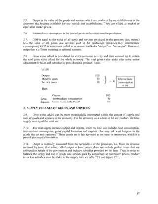 17
2.5. Output is the value of the goods and services which are produced by an establishment in the
economy that become available for use outside that establishment. They are valued at market or
equivalent market prices.
2.6. Intermediate consumption is the cost of goods and services used in production.
2.7. GDP is equal to the value of all goods and services produced in the economy (i.e., output)
less the value of all goods and services used in the production processes (i.e., intermediate
consumption). GDP is sometimes called in economic textbooks "output" or "net output". However,
output has a different meaning in national accounts.
2.8. Gross value added is calculated for every economic activity and then summed up to obtain
the total gross value added for the whole economy. The total gross value added after some minor
adjustment for taxes and subsidies is gross domestic product. Thus:
Given
Output 100
Material costs 30
Service costs 10
Then
Output 100
Less: Intermediate consumption 40
Equals: Gross value added/GDP 60
2. SUPPLY AND USES OF GOODS AND SERVICES
2.9. Gross value added can be more meaningfully interpreted within the context of supply and
uses of goods and services in the economy. For the economy as a whole or for any product, the total
supply must equal the total use.
2.10. The total supply includes output and imports, while the total use includes final consumption,
intermediate consumption, gross capital formation and exports. One may ask what happens to the
goods that are not consumed? Those goods are in fact recorded as increase in inventories, which is a
part of gross capital formation.
2.11. Output is normally measured from the perspective of the producers, i.e., from the revenue
received by them; that value, called output at basic prices, does not include product taxes that are
collected on behalf of the government and includes subsidies provided by the latter. Thus, in order to
balance the supply and use of goods and services paid by consumers at purchasers' prices, product
taxes less subsidies must be added to the supply side (see table T2.1 and figure F2.1).
Intermediate
consumption
= 40
 