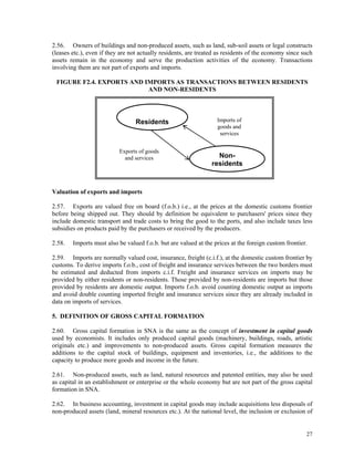 27
2.56. Owners of buildings and non-produced assets, such as land, sub-soil assets or legal constructs
(leases etc.), even if they are not actually residents, are treated as residents of the economy since such
assets remain in the economy and serve the production activities of the economy. Transactions
involving them are not part of exports and imports.
FIGURE F2.4. EXPORTS AND IMPORTS AS TRANSACTIONS BETWEEN RESIDENTS
AND NON-RESIDENTS
Valuation of exports and imports
2.57. Exports are valued free on board (f.o.b.) i.e., at the prices at the domestic customs frontier
before being shipped out. They should by definition be equivalent to purchasers' prices since they
include domestic transport and trade costs to bring the good to the ports, and also include taxes less
subsidies on products paid by the purchasers or received by the producers.
2.58. Imports must also be valued f.o.b. but are valued at the prices at the foreign custom frontier.
2.59. Imports are normally valued cost, insurance, freight (c.i.f.), at the domestic custom frontier by
customs. To derive imports f.o.b., cost of freight and insurance services between the two borders must
be estimated and deducted from imports c.i.f. Freight and insurance services on imports may be
provided by either residents or non-residents. Those provided by non-residents are imports but those
provided by residents are domestic output. Imports f.o.b. avoid counting domestic output as imports
and avoid double counting imported freight and insurance services since they are already included in
data on imports of services.
5. DEFINITION OF GROSS CAPITAL FORMATION
2.60. Gross capital formation in SNA is the same as the concept of investment in capital goods
used by economists. It includes only produced capital goods (machinery, buildings, roads, artistic
originals etc.) and improvements to non-produced assets. Gross capital formation measures the
additions to the capital stock of buildings, equipment and inventories, i.e., the additions to the
capacity to produce more goods and income in the future.
2.61. Non-produced assets, such as land, natural resources and patented entities, may also be used
as capital in an establishment or enterprise or the whole economy but are not part of the gross capital
formation in SNA.
2.62. In business accounting, investment in capital goods may include acquisitions less disposals of
non-produced assets (land, mineral resources etc.). At the national level, the inclusion or exclusion of
Residents
Non-
residents
Exports of goods
and services
Imports of
goods and
services
 