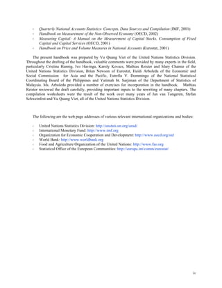 iv
Quarterly National Accounts Statistics: Concepts, Data Sources and Compilation (IMF, 2001)
Handbook on Measurement of the Non-Observed Economy (OECD, 2002)
Measuring Capital: A Manual on the Measurement of Capital Stocks, Consumption of Fixed
Capital and Capital Services (OECD, 2001)
Handbook on Price and Volume Measures in National Accounts (Eurostat, 2001)
The present handbook was prepared by Vu Quang Viet of the United Nations Statistics Division.
Throughout the drafting of the handbook, valuable comments were provided by many experts in the field,
particularly Cristina Hannig, Ivo Havinga, Karoly Kovacs, Mathias Reister and Mary Chamie of the
United Nations Statistics Division, Brian Newson of Eurostat, Heidi Arboleda of the Economic and
Social Commission for Asia and the Pacific, Estrella V. Dommingo of the National Statistical
Coordinating Board of the Philippines and Yatimah bt. Sarjiman of the Department of Statistics of
Malaysia. Ms. Arboleda provided a number of exercises for incorporation in the handbook. Mathias
Reister reviewed the draft carefully, providing important inputs to the rewriting of many chapters. The
compilation worksheets were the result of the work over many years of Jan van Tongeren, Stefan
Schweinfest and Vu Quang Viet, all of the United Nations Statistics Division.
The following are the web page addresses of various relevant international organizations and bodies:
United Nations Statistics Division: http://unstats.un.org/unsd/
International Monetary Fund: http://www.imf.org
Organization for Economic Cooperation and Development: http://www.oecd.org/std
World Bank: http://www.worldbank.org
Food and Agriculture Organization of the United Nations: http://www.fao.org
Statistical Office of the European Communities: http://europa.int/comm/eurostat/
 