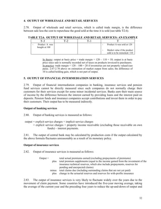 32
4. OUTPUT OF WHOLESALE AND RETAIL SERVICES
2.78. Output of wholesale and retail services, which is called trade margin, is the difference
between sale less the cost to repurchase the good sold at the time it is sold (see table T2.6).
TABLE T2.6. OUTPUT OF WHOLESALE AND RETAIL SERVICES: AN EXAMPLE
T-3 T-2 T-1 T
Product A was
bought at 100
Product A was sold at 120
Market value if the product
sold is to be restocked: 110
In theory: output at basic price = trade margin = 120 – 110 = 10; output is at basic
price since sale is normally recorded net of taxes on products invoiced to purchasers.
In practice: trade margin = 120 – 100 = 20 if inventories are not properly valued (see
paras. 2.67-2.70 above on estimation of market output from sales; the difference of
10 is called holding gain, which is not part of output.
5. OUTPUT OF FINANCIAL INTERMEDIATION SERVICES
2.79. Output of financial intermediation companies in banking, insurance services and pension
fund services cannot be directly measured since such companies do not normally charge their
customers for their services except for some minor incidental services. Banks earn their main source
of income by the difference between the interest earned by providing loans and the interest paid on
deposits. Pension funds and insurance companies accept contributions and invest them in order to pay
their customers. Their output has to be measured indirectly.
Output of banking services
2.80. Output of banking services is measured as follows:
output = explicit service charges + implicit service charges
= explicit service charges + property income receivable (excluding those receivable on own
funds) – interest payments.
2.81. The output of central bank may be calculated by production costs if the output calculated by
the above formula fluctuates unreasonably as a result of its monetary policy.
Output of insurance services
2.82. Output of insurance services is measured as follows:
Output = total actual premiums earned (excluding prepayments of premiums)
plus total premium supplements (equal to the income gained from the investment of the
insurance technical reserves, which also include prepayments, reserves for
pending and unexpected claims)
minus total claims due (including outstanding claims that are not yet paid)
plus change in the actuarial reserves and reserves for with-profits insurance
2.83. The output of insurance services is very likely to fluctuate widely over the years due to the
movement of claim payment. Some countries have introduced the five-year moving average, taking
the average of the current year and the preceding four years to reduce the up-and-down of output and
 