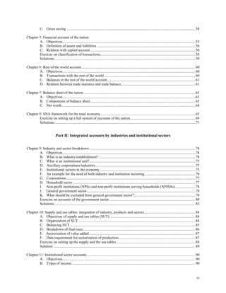 vi
C. Gross saving ..........................................................................................................................................54
Chapter 5: Financial account of the nation
A. Objectives...............................................................................................................................................55
B. Definition of assets and liabilities ..........................................................................................................56
C. Relation with capital account.................................................................................................................56
Exercise on classification of transactions......................................................................................................58
Solutions........................................................................................................................................................59
Chapter 6: Rest of the world account...........................................................................................................................60
A. Objectives...............................................................................................................................................60
B. Transactions with the rest of the world ..................................................................................................60
C. Balances in the rest of the world account...............................................................................................61
D. Relation between trade statistics and trade balance................................................................................61
Chapter 7: Balance sheet of the nation ........................................................................................................................63
A. Objectives...............................................................................................................................................63
B. Components of balance sheet.................................................................................................................63
C. Net worth................................................................................................................................................64
Chapter 8: SNA framework for the total economy......................................................................................................65
Exercise on setting up a full system of accounts of the nation......................................................................69
Solutions:.......................................................................................................................................................71
Part II: Integrated accounts by industries and institutional sectors
Chapter 9: Industry and sector breakdown ..................................................................................................................74
A. Objectives...............................................................................................................................................74
B. What is an industry/establishment?........................................................................................................74
C. What is an institutional unit?..................................................................................................................75
D. Ancillary corporations/industries ...........................................................................................................75
E. Institutional sectors in the economy.......................................................................................................75
F. An example for the need of both industry and institution sectoring.......................................................76
G. Corporations...........................................................................................................................................77
H. Household sector....................................................................................................................................77
I. Non-profit institutions (NPIs) and non-profit institutions serving households (NPISHs)......................78
J. General government sector.....................................................................................................................78
K. What should be excluded from general government sector?..................................................................78
Exercise on accounts of the government sector.............................................................................................80
Solutions........................................................................................................................................................83
Chapter 10: Supply and use tables: integration of industry, products and sectors.......................................................84
A. Objectives of supply and use tables (SUT) ............................................................................................84
B. Organization of SUT..............................................................................................................................84
C. Balancing SUT.......................................................................................................................................85
D. Breakdown of final uses.........................................................................................................................86
E. Sectorization of value added ..................................................................................................................87
F. Data requirement for sectorization of production...................................................................................87
Exercise on setting up the supply and the use tables.....................................................................................88
Solution ........................................................................................................................................................89
Chapter 11: Institutional sector accounts.....................................................................................................................90
A. Objectives...............................................................................................................................................90
B. Types of income.....................................................................................................................................90
 