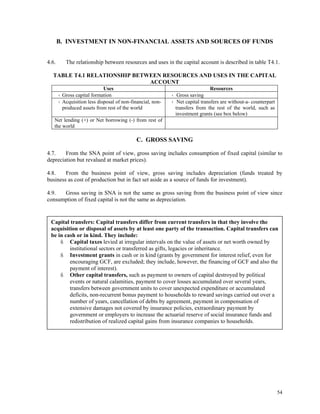 54
B. INVESTMENT IN NON-FINANCIAL ASSETS AND SOURCES OF FUNDS
4.6. The relationship between resources and uses in the capital account is described in table T4.1.
TABLE T4.1 RELATIONSHIP BETWEEN RESOURCES AND USES IN THE CAPITAL
ACCOUNT
Uses Resources
Gross capital formation Gross saving
Acquisition less disposal of non-financial, non-
produced assets from rest of the world
Net capital transfers are without-a- counterpart
transfers from the rest of the world, such as
investment grants (see box below)
Net lending (+) or Net borrowing (-) from rest of
the world
C. GROSS SAVING
4.7. From the SNA point of view, gross saving includes consumption of fixed capital (similar to
depreciation but revalued at market prices).
4.8. From the business point of view, gross saving includes depreciation (funds treated by
business as cost of production but in fact set aside as a source of funds for investment).
4.9. Gross saving in SNA is not the same as gross saving from the business point of view since
consumption of fixed capital is not the same as depreciation.
Capital transfers: Capital transfers differ from current transfers in that they involve the
acquisition or disposal of assets by at least one party of the transaction. Capital transfers can
be in cash or in kind. They include:
Capital taxes levied at irregular intervals on the value of assets or net worth owned by
institutional sectors or transferred as gifts, legacies or inheritance.
Investment grants in cash or in kind (grants by government for interest relief, even for
encouraging GCF, are excluded; they include, however, the financing of GCF and also the
payment of interest).
Other capital transfers, such as payment to owners of capital destroyed by political
events or natural calamities, payment to cover losses accumulated over several years,
transfers between government units to cover unexpected expenditure or accumulated
deficits, non-recurrent bonus payment to households to reward savings carried out over a
number of years, cancellation of debts by agreement, payment in compensation of
extensive damages not covered by insurance policies, extraordinary payment by
government or employers to increase the actuarial reserve of social insurance funds and
redistribution of realized capital gains from insurance companies to households.
 