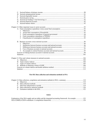 vii
C. Sectoral balance of primary income.......................................................................................................90
D. Sectoral entrepreneurial income.............................................................................................................91
E. Sectoral disposable income....................................................................................................................91
F. Sectoral gross saving..............................................................................................................................91
G. Sectoral net lending (+)/net borrowing (-) .............................................................................................92
H. Sectoral financial accounts.....................................................................................................................92
I. Sectoral balance sheets...........................................................................................................................92
Chapter 12: Other important issues in sector accounts................................................................................................93
A. Final consumption expenditure versus actual final consumption...........................................................93
1. Objectives .......................................................................................................................................93
2. Actual final consumption of households.........................................................................................93
3. Final consumption expenditure of general government..................................................................94
4. Final consumption expenditure of NPISHs.....................................................................................95
5. Classification of consumption expenditure.....................................................................................95
B. Business accounts versus national accounts ...........................................................................................96
1. Objectives .......................................................................................................................................96
2. Similarities between business accounts and national accounts .......................................................96
3. Differences between business accounts and national accounts.......................................................97
4. Uses of business accounts in national accounts ..............................................................................97
5. An example to contrast business accounts and national accounts...................................................97
Exercise on linking business accounts to national accounts..........................................................................99
Solutions:.....................................................................................................................................................102
Chapter 13: Price and volume measures in national accounts...................................................................................104
A. Objectives.............................................................................................................................................104
B. Types of price indexes .........................................................................................................................104
C. Types of volume indexes......................................................................................................................105
D. Methods of obtaining volume of GDP .................................................................................................108
Exercise on volume indexes and double deflation method .........................................................................113
Solution:......................................................................................................................................................115
Part III: Data collection and estimation methods in SNA
Chapter 14: Data collection, compilation and estimation methods in SNA: a summary...........................................118
A. Objectives.............................................................................................................................................118
B. Data collection methods.......................................................................................................................118
C. Data from administrative records.........................................................................................................119
D. Data collected by statistical methods ...................................................................................................120
E. Estimation methods in the SNA...........................................................................................................122
Annex
Explanation of the SNA supply and use tables and the integrated accounting framework: An example ..................125
SNA COMPILATION worksheets: A compilation framework.................................................................................138
 