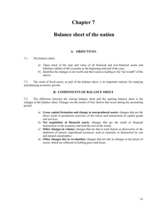63
Chapter 7
Balance sheet of the nation
A. OBJECTIVES
7.1. The balance sheet:
a) Takes stock of the type and value of all financial and non-financial assets and
liabilities (debts) of the economy at the beginning and end of the year;
b) Identifies the changes in net worth and their sources leading to the "net wealth" of the
nation.
7.2. The stock of fixed assets, as part of the balance sheet, is an important statistic for studying
and planning economic growth.
B. COMPONENTS OF BALANCE SHEET
7.3. The difference between the closing balance sheet and the opening balance sheet is the
changes in the balance sheet. Changes are the results of four factors that occur during the accounting
period:
a) Gross capital formation and change in non-produced assets: changes that are the
direct result of production activities of the nation and transactions in capital goods
and services;
b) Net acquisition of financial assets: changes that are the result of financial
transactions in the economy and with the rest of the world;
c) Other changes in volume: changes that are due to such factors as discoveries or the
depletion of natural, unproduced resources, such as minerals, or destruction by war
and natural catastrophes;
d) Other changes due to revaluation: changes that are due to changes in the prices of
assets, which are reflected in holding gains and losses.
 