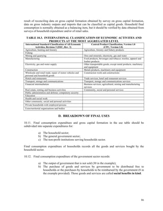 86
result of reconciling data on gross capital formation obtained by survey on gross capital formation,
data on gross industry outputs and imports that can be classified as capital goods. Household final
consumption is normally obtained as a balancing item, but it should be verified by data obtained from
surveys of household expenditure and/or of retail sales.
TABLE 10.3. INTERNATIONAL CLASSIFICATION OF ECONOMIC ACTIVITES AND
PRODUCTS AT THE MOST AGGREGATED LEVEL
International Standard Classification of All Economic
Activities, Revision 3 (ISIC, Rev. 3)
Central Product Classification, Version 1.0
(CPC, Version 1.0)
Agriculture, hunting and forestry Agriculture, forestry and fishery products
Fishing
Mining and quarrying Ores and minerals; electricity, gas and water
Manufacturing Food products, beverages and tobacco; textiles, apparel and
leather products
Electricity, gas and water supply Other transportable goods, except metal products, machinery
and equipment
Construction Metals products, machinery and equipment
Wholesale and retail trade; repair of motor vehicles and
personal and household goods
Construction work and constructions
Hotels and restaurants Trade services; hotel and restaurant services
Transport, storage and communications Transport, storage and communications services
Financial intermediation Business services; agricultural, mining and manufacturing
services
Real estate, renting and business activities Community, social and personal services
Public administration and defense; compulsory security
Education
Health and social work
Other community, social and personal activities
Private households with employed persons
Extra-territorial organizations and bodies
D. BREAKDOWN OF FINAL USES
10.11. Final consumption expenditure and gross capital formation in the use table should be
subdivided into separate expenditures for:
a) The household sector;
b) The general government sector;
c) The non-profit institutions serving households sector.
Final consumption expenditure of households records all the goods and services bought by the
household sector.
10.12. Final consumption expenditure of the government sector records:
a) The output of government that is not sold (30 in the example);
b) The purchase of goods and services by government to be distributed free to
households or the purchases by households to be reimbursed by the government (8 in
the example provided). Those goods and services are called social benefits in kind.
 