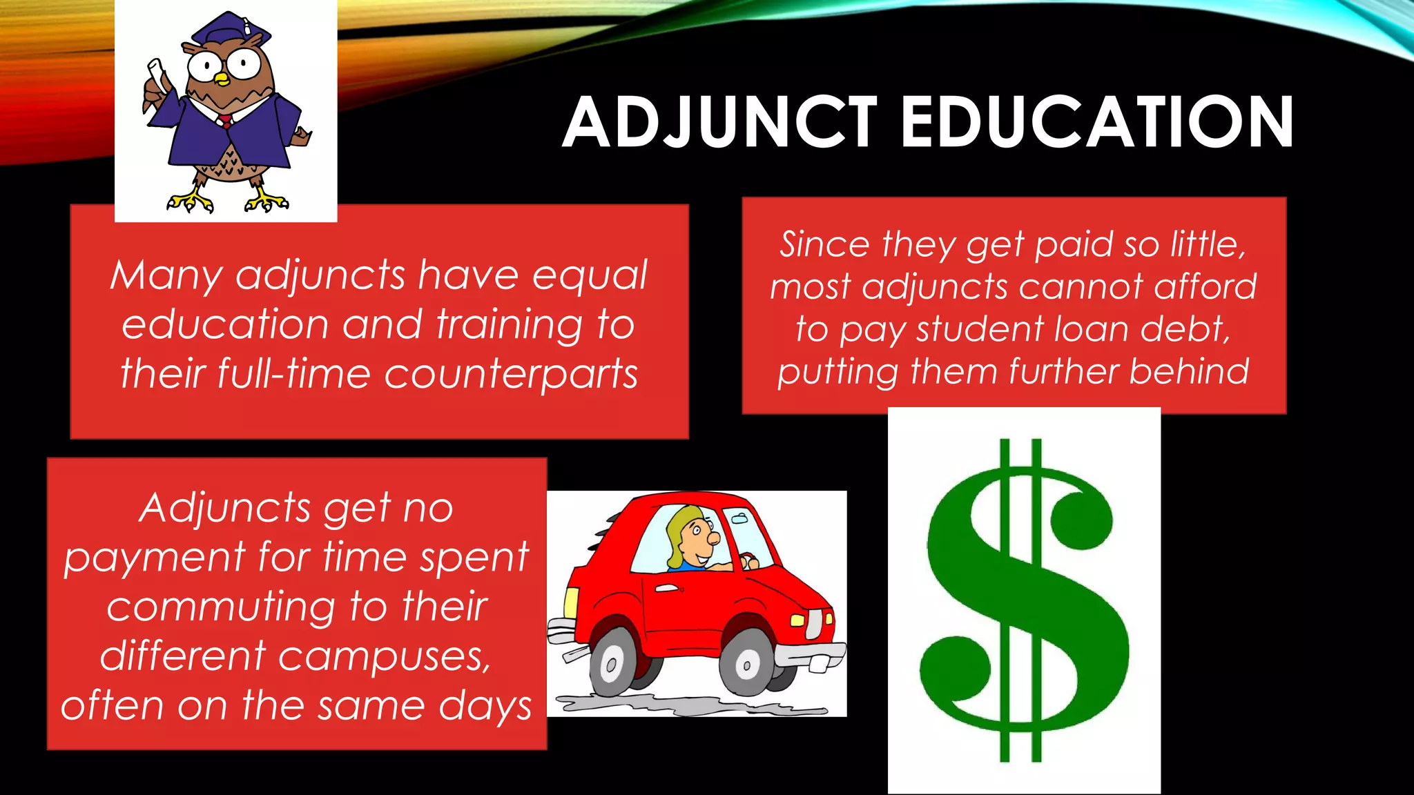 ADJUNCT EDUCATION
Many adjuncts have equal
education and training to
their full-time counterparts
Since they get paid so little,
most adjuncts cannot afford
to pay student loan debt,
putting them further behind
Adjuncts get no
payment for time spent
commuting to their
different campuses,
often on the same days
 