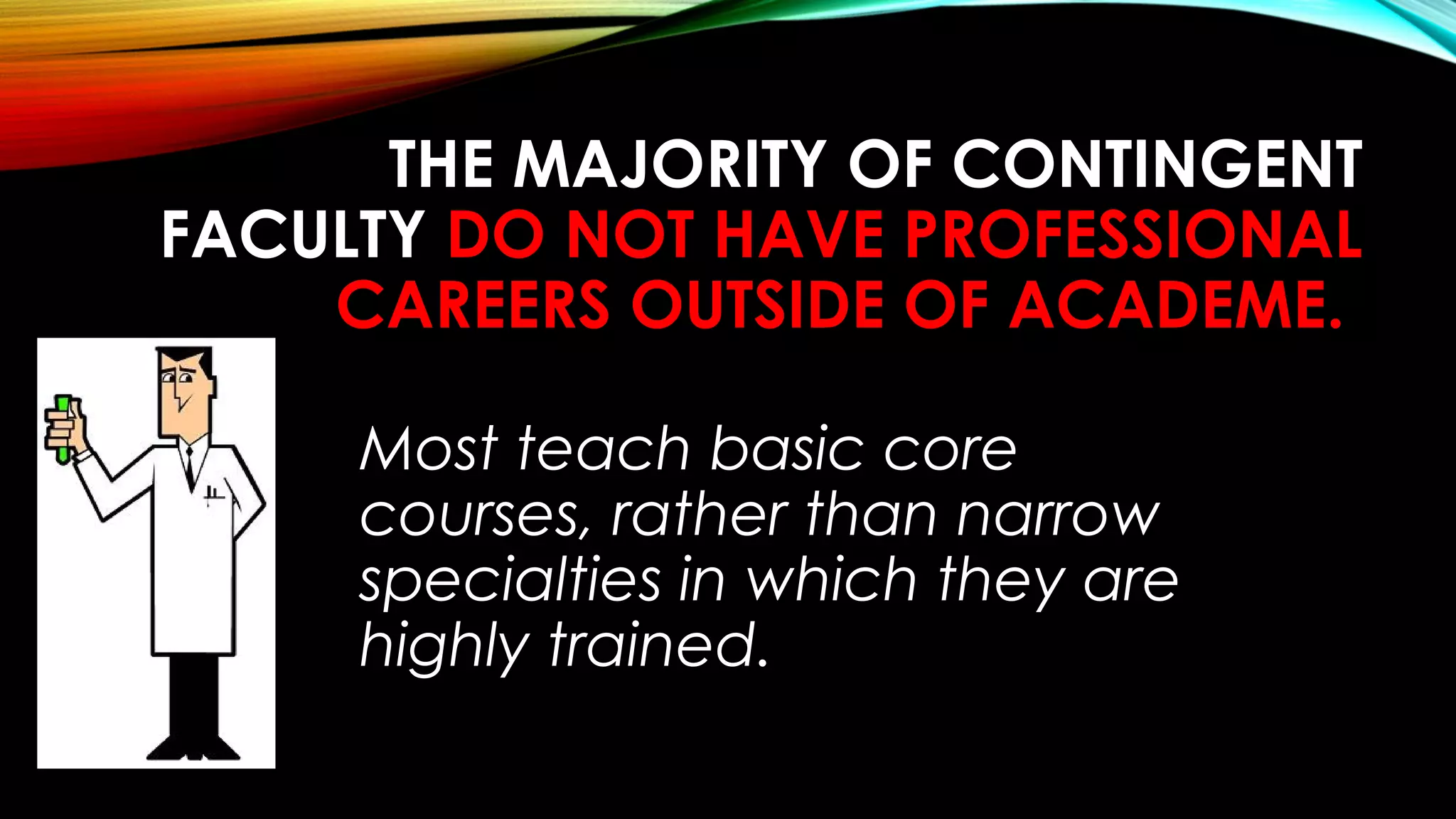 THE MAJORITY OF CONTINGENT
FACULTY DO NOT HAVE PROFESSIONAL
CAREERS OUTSIDE OF ACADEME.
Most teach basic core
courses, rather than narrow
specialties in which they are
highly trained.
 