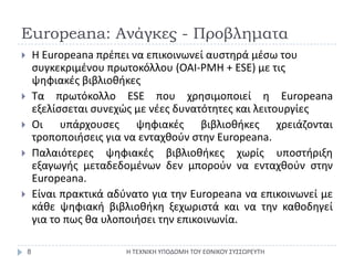Europeana: Ανάγκες - ΠροβληματαΗ ΤΕΧΝΙΚΗ ΥΠΟΔΟΜΗ ΤΟΥ ΕΘΝΙΚΟΥ ΣΥΣΣΩΡΕΥΤΗ8Η Europeanaπρέπειναεπικοινωνείαυστηράμέσωτουσυγκεκριμένουπρωτοκόλλου (ΟΑΙ-PMH + ESE) μετιςψηφιακέςβιβλιοθήκεςΤαπρωτόκολλο ESE πουχρησιμοποιεί η EuropeanaεξελίσσεταισυνεχώςμενέεςδυνατότητεςκαιλειτουργίεςΟιυπάρχουσεςψηφιακέςβιβλιοθήκεςχρειάζονταιτροποποιήσειςγιαναενταχθούνστηνEuropeana.ΠαλαιότερεςψηφιακέςβιβλιοθήκεςχωρίςυποστήριξηεξαγωγήςμεταδεδομένωνδενμπορούνναενταχθούνστηνEuropeana.ΕίναιπρακτικάαδύνατογιατηνEuropeanaναεπικοινωνείμεκάθεψηφιακήβιβλιοθήκηξεχωριστάκαινατηνκαθοδηγείγιατοπωςθαυλοποιήσειτηνεπικοινωνία.