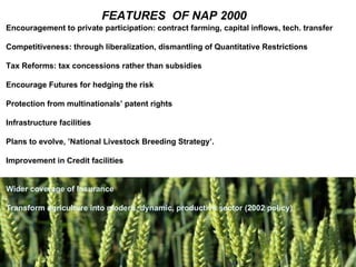 FEATURES OF NAP 2000 Encouragement to private participation: contract farming, capital inflows, tech. transfer Competitiveness: through liberalization, dismantling of Quantitative Restrictions Tax Reforms: tax concessions rather than subsidies Encourage Futures for hedging the risk Protection from multinationals’ patent rights Infrastructure facilities Plans to evolve, ’National Livestock Breeding Strategy’. Improvement in Credit facilities Wider coverage of Insurance Transform agriculture into modern, dynamic, productive sector (2002 policy)
