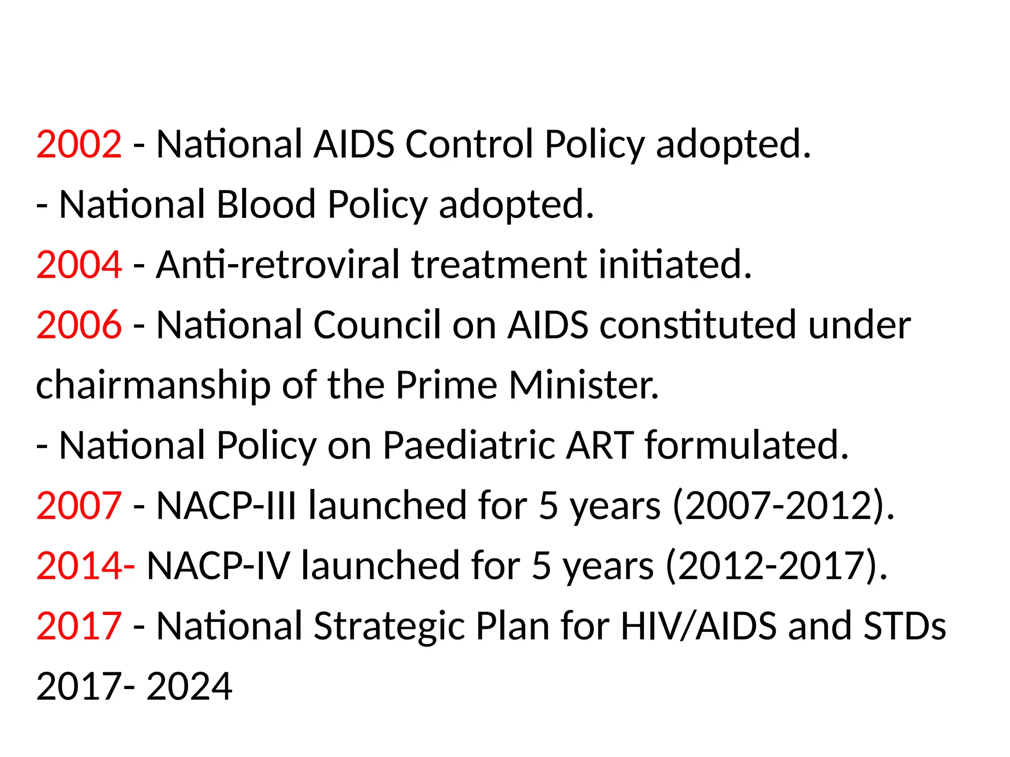 2002 - National AIDS Control Policy adopted.
- National Blood Policy adopted.
2004 - Anti-retroviral treatment initiated.
2006 - National Council on AIDS constituted under
chairmanship of the Prime Minister.
- National Policy on Paediatric ART formulated.
2007 - NACP-III launched for 5 years (2007-2012).
2014- NACP-IV launched for 5 years (2012-2017).
2017 - National Strategic Plan for HIV/AIDS and STDs
2017- 2024
 