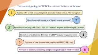 6
4
2
The essential package of PPTCT services in India are as follows:
Move from ANC-centric to a “Family-centric approach”
Promotion of institutional deliveries of all HIV infected pregnant women
Provision of nutrition, counselling and psychological support for HIV women
1
5
3
Routine offer of HIV counselling to all Antenatal mother with an ‘Opt out’ option
Provision of life-long ART (TDF + 3TC + EFV) to all pregnant and lactating HIV women
Provision of care for associated conditions (STI/RTI/TB,..etc)
 