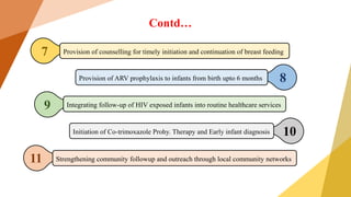 10
8
Provision of ARV prophylaxis to infants from birth upto 6 months
Initiation of Co-trimoxazole Prohy. Therapy and Early infant diagnosis
7
11
9
Provision of counselling for timely initiation and continuation of breast feeding
Integrating follow-up of HIV exposed infants into routine healthcare services
Strengthening community followup and outreach through local community networks
Contd…
 