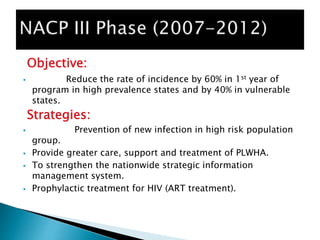 Objective:
 Reduce the rate of incidence by 60% in 1st year of
program in high prevalence states and by 40% in vulnerable
states.
Strategies:
 Prevention of new infection in high risk population
group.
 Provide greater care, support and treatment of PLWHA.
 To strengthen the nationwide strategic information
management system.
 Prophylactic treatment for HIV (ART treatment).
 