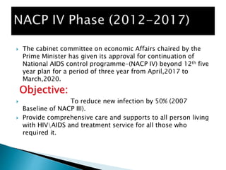  The cabinet committee on economic Affairs chaired by the
Prime Minister has given its approval for continuation of
National AIDS control programme-(NACP IV) beyond 12th five
year plan for a period of three year from April,2017 to
March,2020.
Objective:
 To reduce new infection by 50% (2007
Baseline of NACP III).
 Provide comprehensive care and supports to all person living
with HIVAIDS and treatment service for all those who
required it.
 