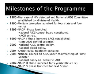  1986-First case of HIV detected and National AIDS Committee
established by Ministry of Health.
 1990-Medium term plan launched for four state and four
metros.
 1992-NACP I Phase launched.
National AIDS control board constituted.
NACO set-up.
 1999-NACP II Phase launched SACS established.
(state AIDS control societies)
 2002- National AIDS control policy.
National blood policy.
 2004-Antiretroviral treatment initiated.
 2006-National council on AIDS under chairmanship of Prime
Minister.
National policy on pediatric ART
 2007-NACP III phase launched for 5 year(2007-2012)
 2012-NACP IV phase launched for next 5 year.
 