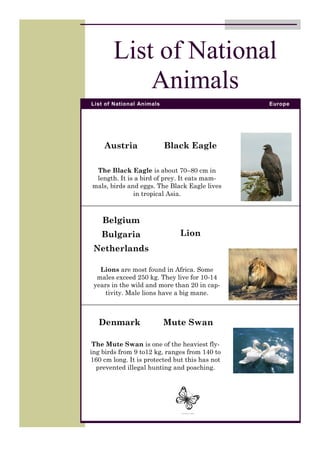 List of National
Animals
List of National Animals

Austria

Europe

Black Eagle

The Black Eagle is about 70–80 cm in
length. It is a bird of prey. It eats mammals, birds and eggs. The Black Eagle lives
in tropical Asia.

Belgium
Bulgaria

Lion

Netherlands
Lions are most found in Africa. Some
males exceed 250 kg. They live for 10-14
years in the wild and more than 20 in captivity. Male lions have a big mane.

Denmark

Mute Swan

The Mute Swan is one of the heaviest flying birds from 9 to12 kg, ranges from 140 to
160 cm long. It is protected but this has not
prevented illegal hunting and poaching.

 