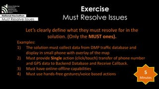 Exercise 
Must Resolve Issues 
National Mobile App 
Development 
Awareness and 
Capacity Building 
Program 
National Hackathon 
Must Resolve Issues 
Let’s clearly define what they must resolve for in the 
solution. (Only the MUST ones). 
Examples: 
1) The solution must collect data from DMP traffic database and 
display in small phone with overlay of the map 
2) Must provide Single action (click/touch) transfer of phone number 
and GPS data to Backend Database and Receive Callback. 
3) Must have online-offline capabilities 
4) Must use hands-free gestures/voice based actions 5 
Minutes 
 
