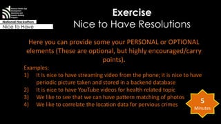Exercise 
Nice to Have Resolutions 
National Mobile App 
Development 
Awareness and 
Capacity Building 
Program 
National Hackathon 
Nice to Have 
Here you can provide some your PERSONAL or OPTIONAL 
elements (These are optional, but highly encouraged/carry 
points). 
Examples: 
1) It is nice to have streaming video from the phone; it is nice to have 
periodic picture taken and stored in a backend database 
2) It is nice to have YouTube videos for health related topic 
3) We like to see that we can have pattern matching of photos 
4) We like to correlate the location data for pervious crimes 5 
Minutes 
 
