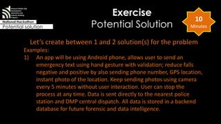 Exercise 
Potential Solution 
National Mobile App 
Development 
Awareness and 
Capacity Building 
Program 
National Hackathon 
Potential solution 
10 
Minutes 
Let’s create between 1 and 2 solution(s) for the problem 
Examples: 
1) An app will be using Android phone, allows user to send an 
emergency text using hand gesture with validation; reduce falls 
negative and positive by also sending phone number, GPS location, 
instant photo of the location. Keep sending photos using camera 
every 5 minutes without user interaction. User can stop the 
process at any time. Data is sent directly to the nearest police 
station and DMP central dispatch. All data is stored in a backend 
database for future forensic and data intelligence. 
 