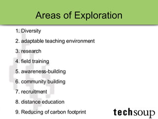 Areas of Exploration 1. Diversity 2. adaptable teaching environment 3. research 4. field training  5. awareness-building  6. community building 7. recruitment 8. distance education  9. Reducing of carbon footprint 