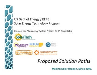 US Dept of Energy / EERE
Solar Energy Technology Program

Industry Led “Balance of System Process Cost” Roundtable




                      Proposed Solution Paths
                                    Making Solar Happen. Since 2006.
 