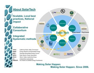 About SolarTech

Scalable, Local best                                                                                EERE


practices, National
impact                                                                              Performance


                                                            CPUC
Collaborative                                                        Installation                  Workforce

Consortium
                                                                                                      State level        Fed level

Integrated
                                                                     Permitting
Systematic methods                                         CPUC
                                                                                                   Financing

                                                                                                                         EERE
                                                                                    Interconnect
                                                  Solar
                                                 America
                                                                   SVLG
                                                  Cities
                                                                                                                Solar
                                                                                                               America
CPUC :    California Public Utility Commission                                                                  Cities
EERE :    Energy Efficiency & Renewable Energy
IREC :    Interstate Renewable Energy Council
SEPA :    Solar Electric Power Association
SVLG :    Silicon Valley Leadership Group
UL:       Underwriters Laboratories
NABCEP:   N.A. Board of Certified Energy Practitioners


                                          Making Solar Happen
                                                     Making Solar Happen. Since 2006.
 