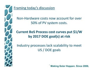 Framing today’s discussion

 Non-Hardware costs now account for over
         50% of PV system costs.

 Current BoS Process cost curves put $1/W
        by 2017 DOE goal(s) at risk

 Industry processes lack scalability to meet
              US / DOE goals


                      4
                          Making Solar Happen. Since 2006.
 