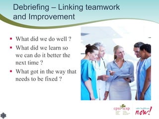 Debriefing – Linking teamwork and Improvement 
What did we do well ? 
What did we learn so we can do it better the next time ? 
What got in the way that needs to be fixed ?  