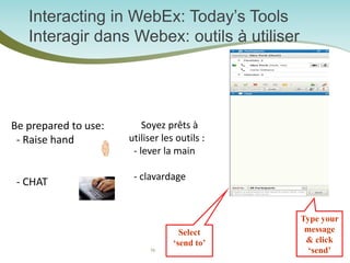 Interacting in WebEx: Today’s Tools Interagir dans Webex: outils à utiliser 
56 
Be prepared to use: 
- Raise hand 
- CHAT 
Soyez prêts à utiliser les outils : - lever la main - clavardage 
Type your message & click ‘send’ 
Select ‘send to’  