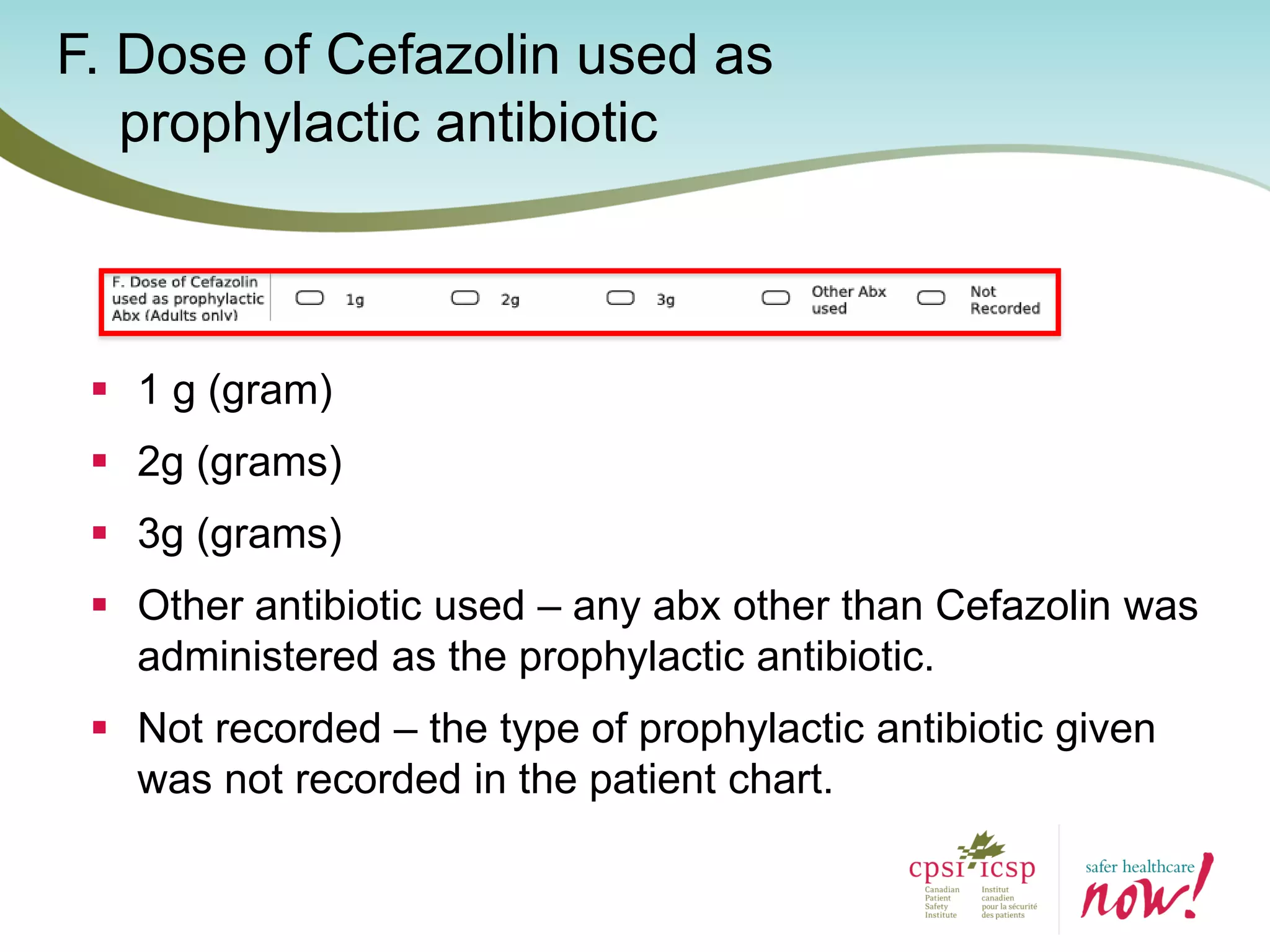 F. Dose of Cefazolin used as
prophylactic antibiotic
 1 g (gram)
 2g (grams)
 3g (grams)
 Other antibiotic used – any abx other than Cefazolin was
administered as the prophylactic antibiotic.
 Not recorded – the type of prophylactic antibiotic given
was not recorded in the patient chart.
 