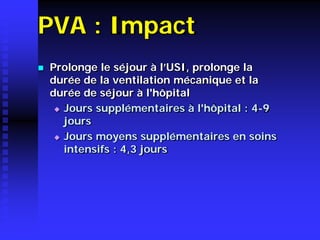 PVA : Impact 
 
Prolonge le séjour à l’USI, prolonge la durée de la ventilation mécanique et la durée de séjour à l'hôpital 
 
Jours supplémentaires à l'hôpital : 4-9 jours 
 
Jours moyens supplémentaires en soins intensifs : 4,3 jours  