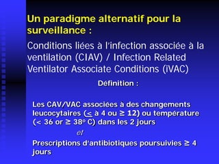 Définition : 
Les CAV/VAC associées à des changements leucocytaires (< à 4 ou ≥ 12) ou température (< 36 or ≥ 38o C) dans les 2 jours 
et 
Prescriptions d’antibiotiques poursuivies ≥ 4 jours 
Un paradigme alternatif pour la surveillance : 
Conditions liées à l’infection associée à la ventilation (CIAV) / Infection Related Ventilator Associate Conditions (iVAC)  