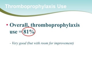 • 
Overall, thromboprophylaxis use = 81% 
- Very good (but with room for improvement) 
Thromboprophylaxis Use  