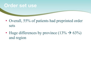 • 
Overall, 55% of patients had preprinted order sets 
• 
Huge differences by province (13%  63%) and region 
Order set use  