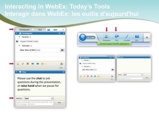 Interacting in WebEx: Today’s Tools Interagir dans WebEx: les outils d'aujourd'hui 
Please use the chat to ask questions during the presentation, or raise hand when we pause for questions.  