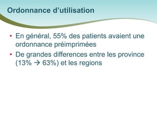 • 
En général, 55% des patients avaient une ordonnance préimprimées 
• 
De grandes differences entre les province (13%  63%) et les regions 
Ordonnance d’utilisation  