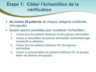  
Au moins 20 patients de chaque catégorie (médicale, chirurgicale) 
 
Quatre options possibles pour constituer l’échantillon : 
1. 
Inclure tous les patients médicaux et chirurgicaux admissibles 
2. 
Inclure un échantillon de patients admissibles (échantillonnage consécutif ou aléatoire) 
3. 
Inclure tous les patients médicaux OU chirurgicaux admissibles 
4. 
Inclure un groupe-étalon de patients médicaux OU un groupe- étalon de patients chirurgicaux 
Étape 1: Cibler l’échantillon de la vérification  