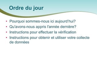 • 
Pourquoi sommes-nous ici aujourd’hui? 
• 
Qu'avons-nous appris l'année dernière? 
• 
Instructions pour effectuer la vérification 
• 
Instructions pour obtenir et utiliser votre collecte de données 
Ordre du jour  