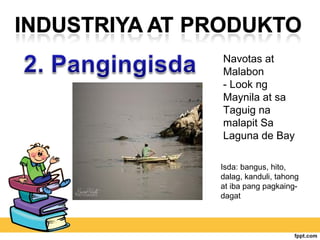Navotas at
Malabon
- Look ng
Maynila at sa
Taguig na
malapit Sa
Laguna de Bay

Isda: bangus, hito,
dalag, kanduli, tahong
at iba pang pagkaing-
dagat
 