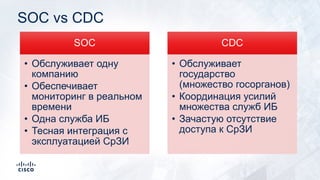 SOC vs CDC
SOC
• Обслуживает одну
компанию
• Обеспечивает
мониторинг в реальном
времени
• Одна служба ИБ
• Тесная интеграция с
эксплуатацией СрЗИ
CDC
• Обслуживает
государство
(множество госорганов)
• Координация усилий
множества служб ИБ
• Зачастую отсутствие
доступа к СрЗИ
 