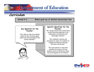 Department of Education
Curriculum
     Strand 4.3:               Makes good use of allotted instructional time



                                              Specific Questions for the
         Key Question for the                          Teacher:
              Teacher:                      “Do I design lessons that would allow
                                              various learning objectives to be
       “Am I able to help my students           addressed in an efficient and
        attain all the curricular goals             meaningful fashion?”
       within the time provided in the
              school calendar?”                  “Do I establish routines and
                                             procedures to allow my students to
                                                engage the different learning
                                                   activities efficiently?”

                                               “Do I plan lessons in ways that
                                                consider the amount of time
                                             students need to effectively attain
                                             the learning goals of the lessons?”
 