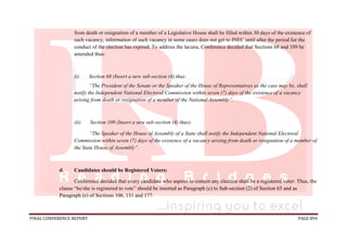 FINAL CONFERENCE REPORT PAGE 894
from death or resignation of a member of a Legislative House shall be filled within 30 days of the existence of
such vacancy, information of such vacancy in some cases does not get to INEC until after the period for the
conduct of the election has expired. To address the lacuna, Conference decided that Sections 68 and 109 be
amended thus:
(i) Section 68 (Insert a new sub-section (4) thus:
“The President of the Senate or the Speaker of the House of Representatives as the case may be, shall
notify the Independent National Electoral Commission within seven (7) days of the existence of a vacancy
arising from death or resignation of a member of the National Assembly”.
(ii) Section 109 (Insert a new sub-section (4) thus):
“The Speaker of the House of Assembly of a State shall notify the Independent National Electoral
Commission within seven (7) days of the existence of a vacancy arising from death or resignation of a member of
the State House of Assembly”.
d. Candidates should be Registered Voters:
Conference decided that every candidate who aspires to contest any election shall be a registered voter. Thus, the
clause “he/she is registered to vote” should be inserted as Paragraph (c) to Sub-section (2) of Section 65 and as
Paragraph (e) of Sections 106, 131 and 177.
 