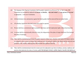FINAL CONFERENCE REPORT PAGE 933
(iii) The language of the Nigerian Constitution shall be gender responsive e.g. the use of ‘he’ or ‘him’ in the 1999
Constitution (as amended) be replaced with he/she and him/her; ‘men and women’; or ‘any person or everyone’ –
as appropriate – in the new Constitution.
(iv) All discriminatory laws and practices against the female gender shall be removed from our statute books;
(v) All subsidiary legislations that hold women down shall be repealed;
(vi) Women shall have constitutional rights to property inheritance and full employment rights without discrimination;
(vii) A woman shall be constitutionally allowed to enjoy the indigeneship of her place of origin (birth) or of her husband
(her place of marriage);
(viii). There shall be constitutional provisions for gender responsive labour laws, whereby work-family life balance options
are adopted to allow women to balance their traditional roles (of caring for children, the elderly and the sick)with their
productive roles, thereby enhancing their full potentials and optimum creativity;
(ix). There shall be constitutional provision for women not to be subjected to any form of cultures, customs, traditions and
practices that undermine the status of women, and/or that derogate women’s welfare, dignity, interests, and aspirations.
 