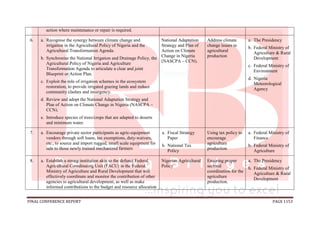 FINAL CONFERENCE REPORT PAGE 1153
action where maintenance or repair is required.
6. a. Recognise the synergy between climate change and
irrigation in the Agricultural Policy of Nigeria and the
Agricultural Transformation Agenda.
b. Synchronise the National Irrigation and Drainage Policy, the
Agricultural Policy of Nigeria and Agriculture
Transformation Agenda to articulate a clear and joint
Blueprint or Action Plan.
c. Exploit the role of irrigation schemes in the ecosystem
restoration, to provide irrigated grazing lands and reduce
community clashes and insurgency.
d. Review and adopt the National Adaptation Strategy and
Plan of Action on Climate Change in Nigeria (NASCPA –
CCN).
e. Introduce species of trees/crops that are adapted to deserts
and minimum water.
National Adaptation
Strategy and Plan of
Action on Climate
Change in Nigeria
(NASCPA – CCN).
Address climate
change issues in
agricultural
production
a. The Presidency
b. Federal Ministry of
Agriculture & Rural
Development
c. Federal Ministry of
Environment
d. Nigeria
Meteorological
Agency
7. a. Encourage private sector participants as agric-equipment
vendors through soft loans, tax exemptions, duty-waivers,
etc., to source and import rugged, small scale equipment for
sale to those newly trained mechanized farmers
a. Fiscal Strategy
Paper
b. National Tax
Policy
Using tax policy to
encourage
agriculture
production
a. Federal Ministry of
Finance
b. Federal Ministry of
Agriculture
8. a. Establish a strong institution akin to the defunct Federal
Agricultural Coordinating Unit (FACU) in the Federal
Ministry of Agriculture and Rural Development that will
effectively coordinate and monitor the contribution of other
agencies to agricultural development, as well as make
informed contributions to the budget and resource allocation
Nigerian Agricultural
Policy
Ensuring proper
sectoral
coordination for the
agriculture
production.
a. The Presidency
b. Federal Ministry of
Agriculture & Rural
Development
 