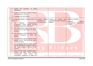 FINAL CONFERENCE REPORT PAGE 1182
v. Update and sustenance of death
registration.
vi. Registered information or data of citizens
and immigrants in Nigeria.
vii. Language, tribe and religion.
4. The Integrated Database should include the
records of:
i. The Nigerian Communication
Commission (which should provide
telephone registration information).
ii. The Federal Road Safety Corps (which
should provide information on drivers
licences).
iii. State Ministries of Health (which should
provide information on births and
deaths).
iv. Universal Basic Education Board (which
should provide information on school
enrolment figures).
v. The Immigration Service (which should
provide information on passport holders,
and aliens coming in and out of the
country).
vi. Other relevant bodies including Banks,
Federal and State Civil Service
Commissions, Trade Unions and
Associations, employers of labour as
National Identity
Management
Commission Act
Collation of accurate and
comprehensive data in national
database.
a. National Assembly
b. National Identity
Management Commission
(NIMC)
 