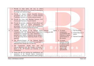 FINAL CONFERENCE REPORT PAGE 1201
v. Provide in clear terms, the way in which
government must involve civil society in drawing up
the budget and implementing it
vi. Provide for Annual General Assembly between
government and civil society or Annual National
Conference between civil society and government
vii. Provide for Town Hall Meetings between Civil
Society and Chairmen of Local Councils
viii. Provide for periodic evaluation of both official and
unofficial spaces of citizen participation in
governance. This will be with a view of reinforcing
both models and getting the best out of them.
14. a. Expedite the passage of the National Sports
Commission Bill. The National Sports Commission
should not be managed by a Sole Administrator as
presently done. Rather, it should be run by members
of the governing Board comprising Heads of sports
agencies.
b. The Director-General for the National Sports
Commission should be on a tenure basis and shall be
appointed from outside the Civil Service.
c. The Commission should have nine (9)
External Members, with the Minister in charge of
Sports as the 10th
Member and Chairman of the
Commission.
d. Ensure that the law backing the establishment and
operations of the National Sports Commission
incorporates Conference Resolutions before passage
National Sports
Commission Bill
a. To ensure
transparency,
accountability and
efficiency in sports
administration in
the country.
b. To ensure
adequate funding
for sports as well
as promote sports
development,
equality and
specialization.
a. The Presidency
b. Federal Ministry of
Justice
c. National Assembly
 