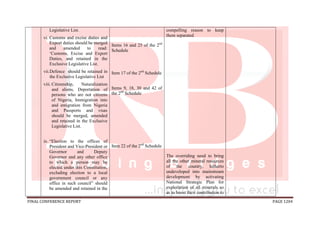 FINAL CONFERENCE REPORT PAGE 1204
Legislative List.
vi. Customs and excise duties and
Export duties should be merged
and amended to read:
‘Customs, Excise and Export
Duties, and retained in the
Exclusive Legislative List.
vii.Defence should be retained in
the Exclusive Legislative List
viii. Citizenship, Naturalization
and aliens, Deportation of
persons who are not citizens
of Nigeria, Immigration into
and emigration from Nigeria
and Passports and visas
should be merged, amended
and retained in the Exclusive
Legislative List.
ix. “Election to the offices of
President and Vice-President or
Governor and Deputy
Governor and any other office
to which a person may be
elected under this Constitution,
excluding election to a local
government council or any
office in such council” should
be amended and retained in the
Items 16 and 25 of the 2nd
Schedule
Item 17 of the 2nd
Schedule
Items 9, 18, 30 and 42 of
the 2nd
Schedule
Item 22 of the 2nd
Schedule
compelling reason to keep
them separated
The overriding need to bring
all the other mineral resources
of the country, hitherto
undeveloped into mainstream
development by activating
National Strategic Plan for
exploitation of all minerals so
as to boost their contribution to
 