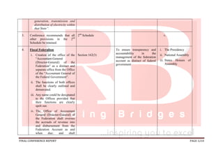 FINAL CONFERENCE REPORT PAGE 1210
generation, transmission and
distribution of electricity within
that State”.
3. Conference recommends that all
other provisions in the 2nd
Schedule be retained.
2nd
Schedule v.
4. Fiscal Federalism
i. Creation of the office of the
“Accountant-General
(Director-General) of the
Federation” as a distinct and
separate office from the Office
of the “Accountant General of
the Federal Government”.
ii. The functions of both offices
shall be clearly outlined and
demarcated.
iii. Any name could be designated
to the Offices provided that
their functions are clearly
spelt out.
iv. The Office of Accountant
General (Director-General) of
the Federation shall oversee
the accruals of revenue into
and disbursement from the
Federation Account as and
when due; and shall
Section 162(3)
To ensure transparency and
accountability in the
management of the federation
account as distinct of federal
government
i. The Presidency
ii. National Assembly
iii. States Houses of
Assembly
 